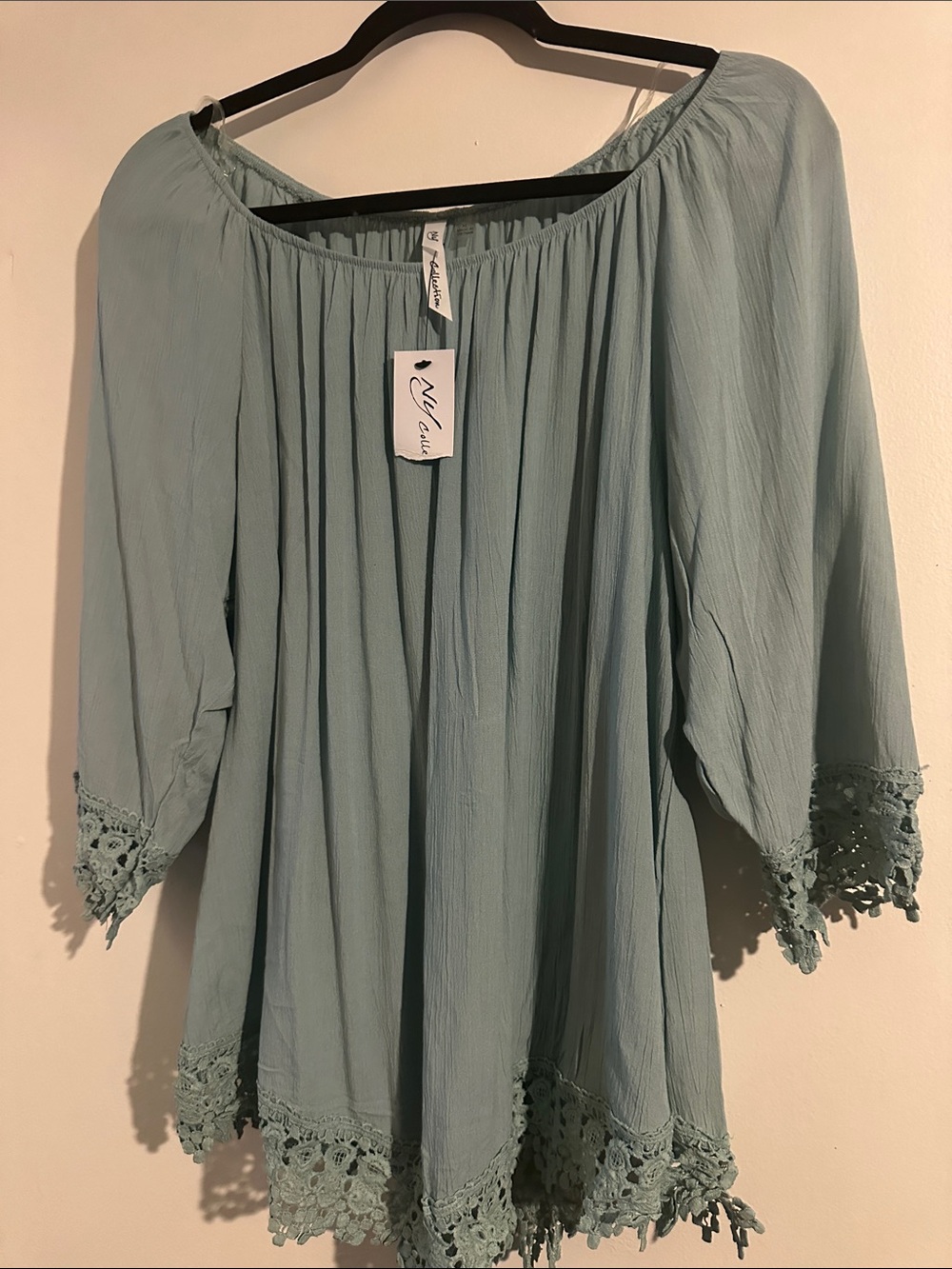 NY Collection Mint Green Crochet-Hem Peasant Tunic